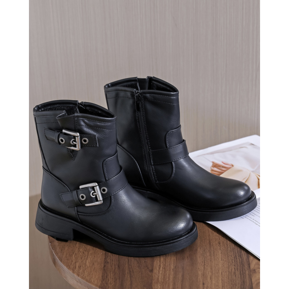 Bottines 2 bides style motard pour femmes noir Bottes bottines